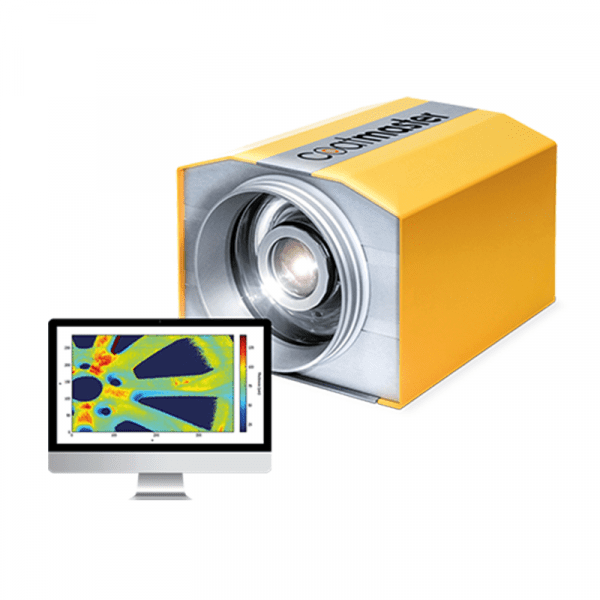 Kollane coatmaster tööstuslik 3D-mõõteseade koos monitoril kuvatava termograafilise soojuskaardiga