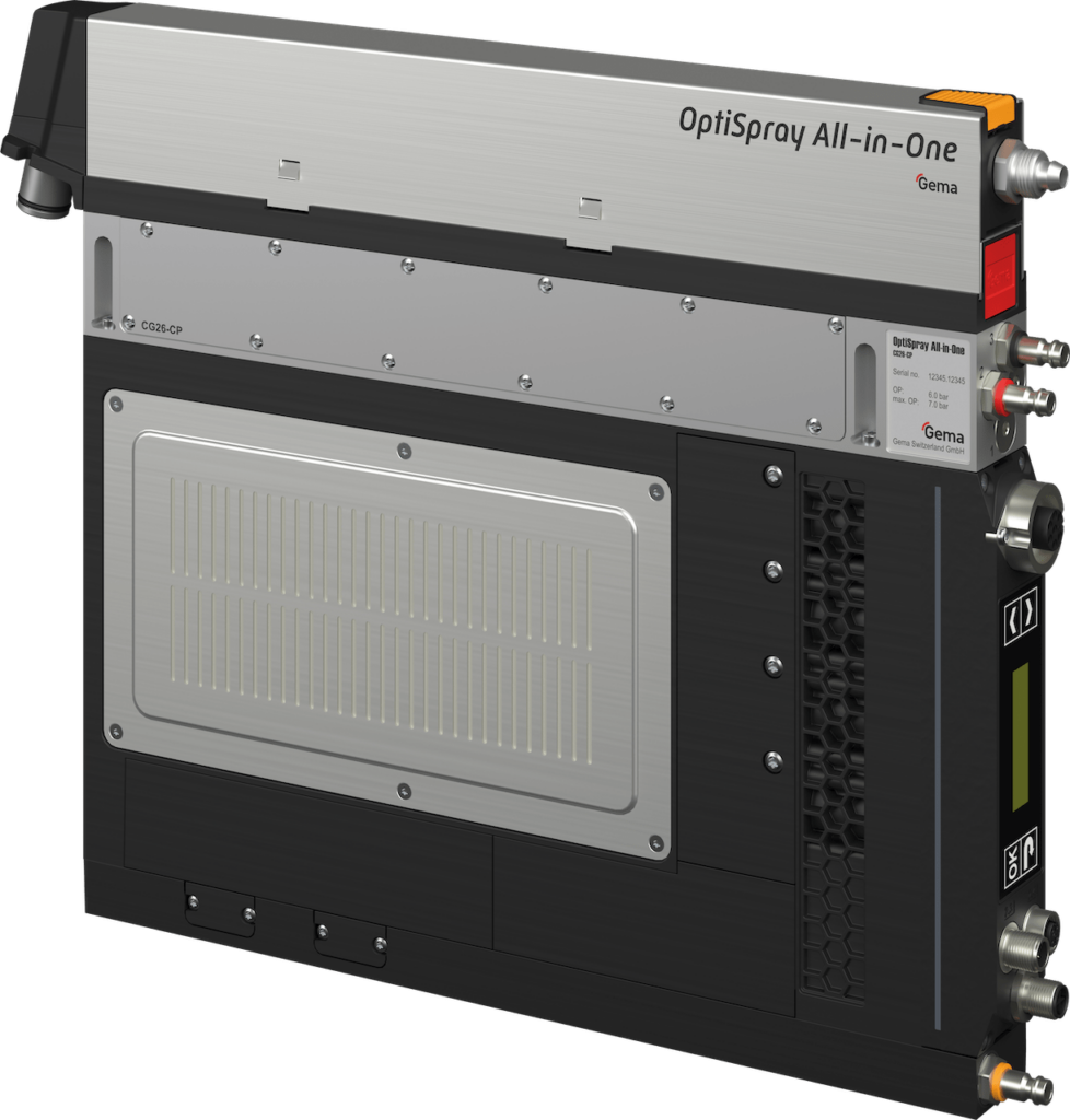 OptiSpray All-in-One CG26-CP pulbervärvimise juhtseade tagantvaates ühendustega