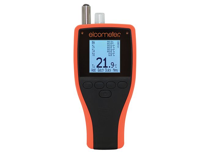 Elcometer 319 kastepunktimõõtur oranži-musta korpusega, näidikul temperatuuri- ja niiskusnäidud