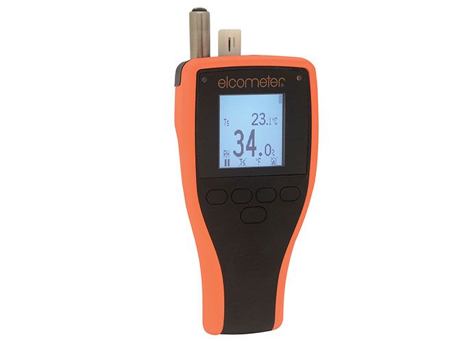 Elcometer 319 digitaalne niiskusmõõtja oranži ja musta korpusega, näidikul temperatuur ja niiskus