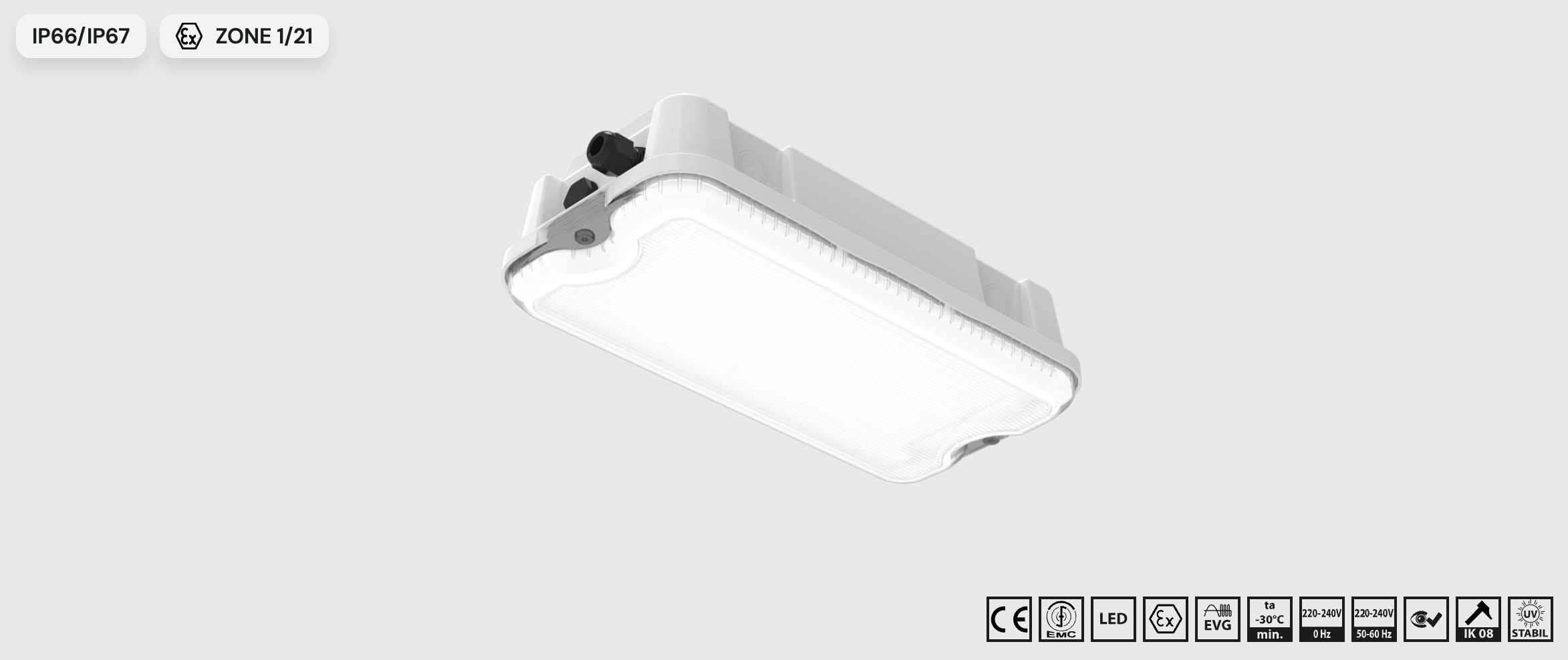 Valge plahvatuskindel LED-tööstusvalgusti IP66/IP67 kaitseastmega ATEX tsoonile 1/21