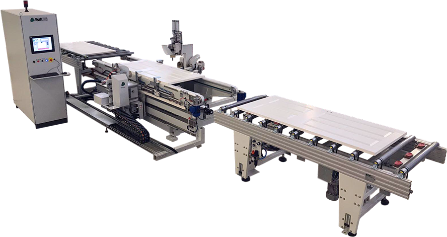 Doormatic automaatne CNC-puurimis- ja töötlemisliin uste tootmiseks juhtpaneeli ja rullkonveieriga